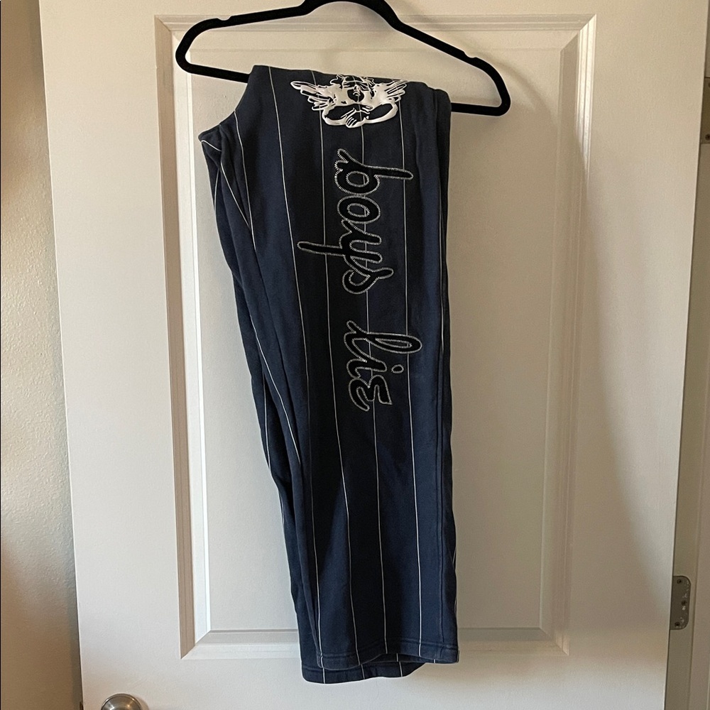 Boys Lie Dark Blue Pinstripe Pants with Embroidered Logo